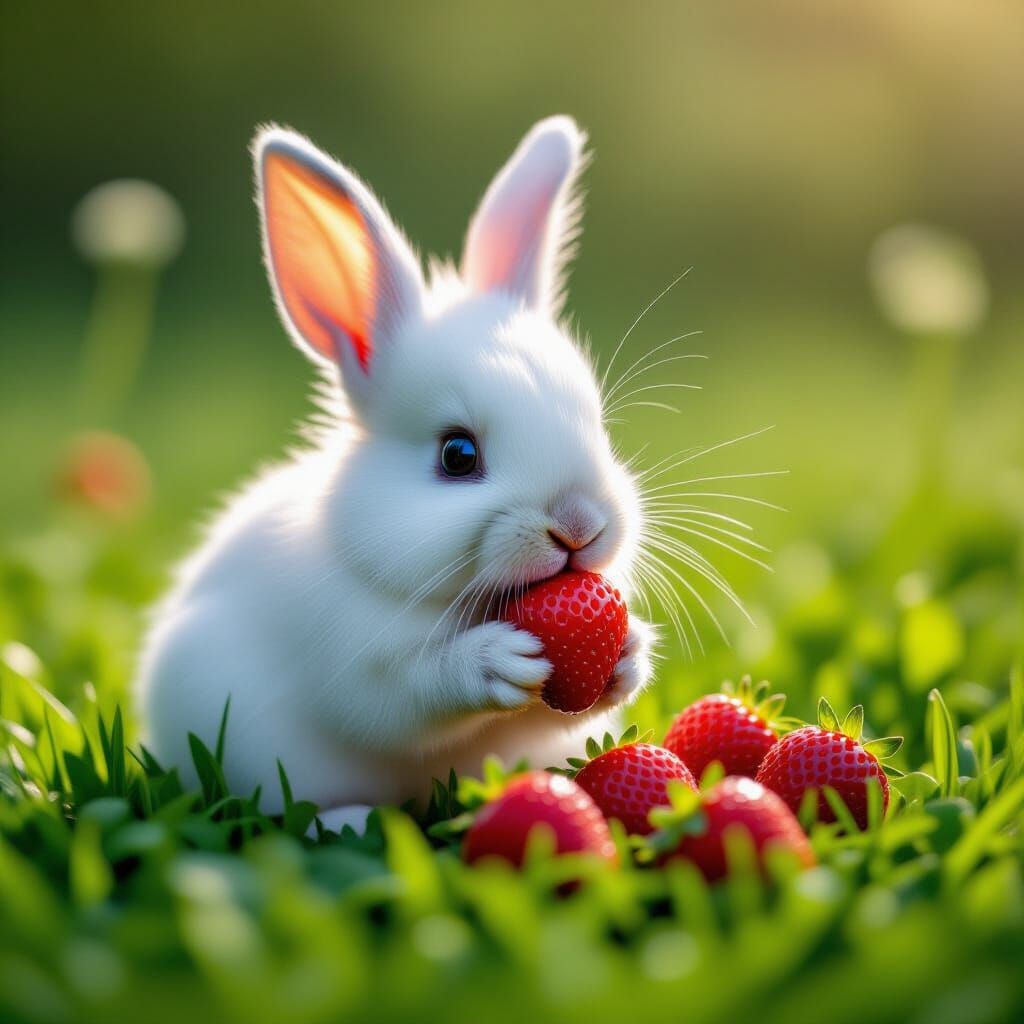 Hyperrealistic White Rabbit Eating Strawberries in Meadow