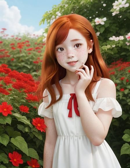 Auburn-haired Girl Picking Flowers in Anime Style