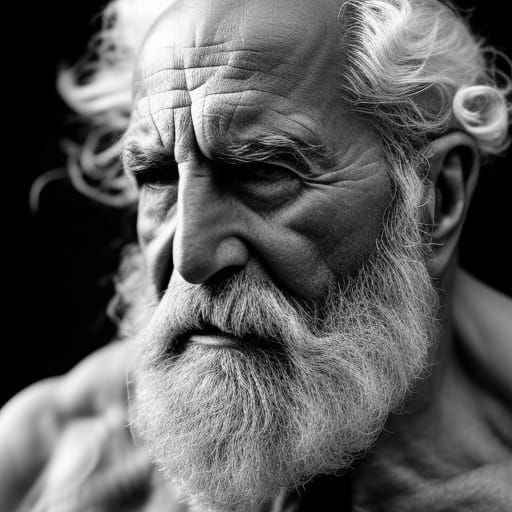 A stoic greek elder ponders, top lighting, existence, side l...