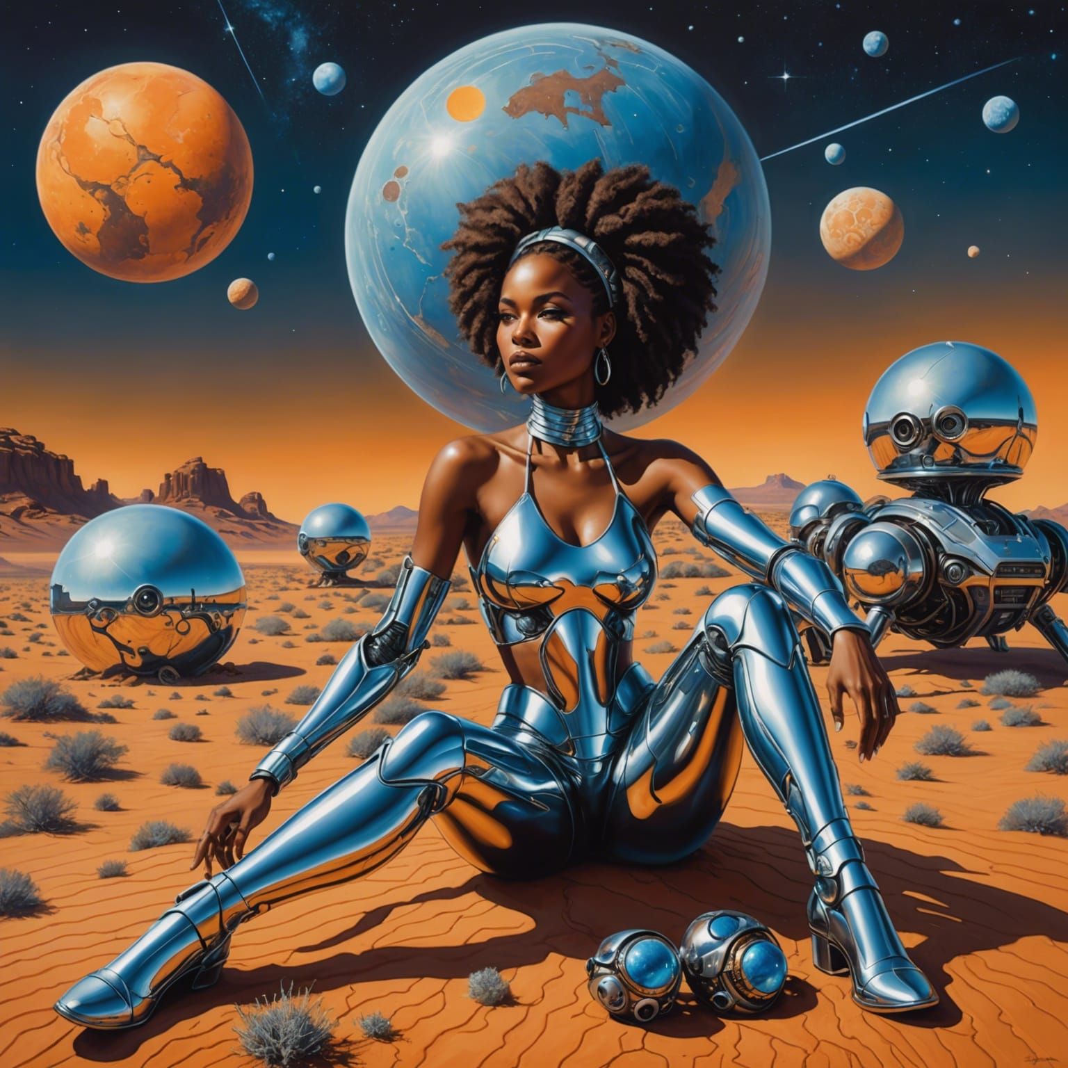 Chrome cyborg African American woman inspired by Hajime Sora...