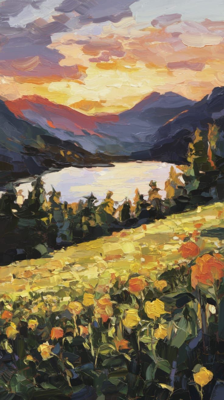 Lush Sunset Landscape in Oil Painting