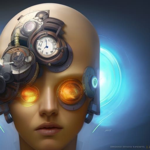 Clockface futuristic time traveler materializing, six o'clock