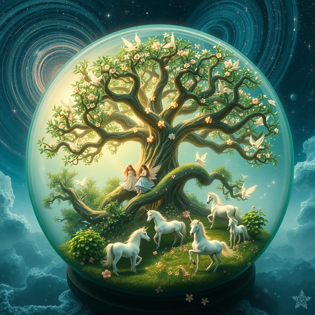 majestic, glowing tree with twisted, ethereal branches and roots, teeming with a multitude of delicate, ...  by @Dasha