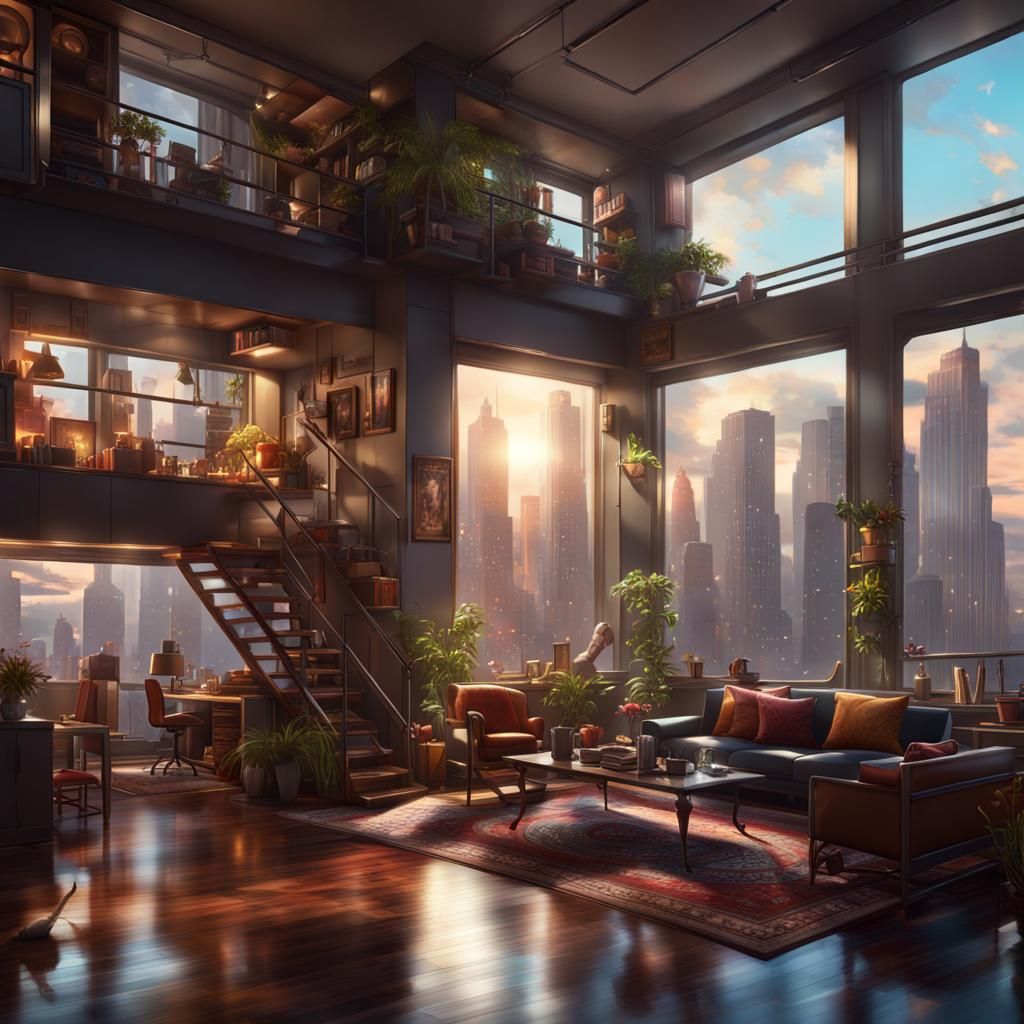 a digital painting of a bustling city apartment with floor-to-ceiling windows, capturing the vibrant ...  by @Creative Alley