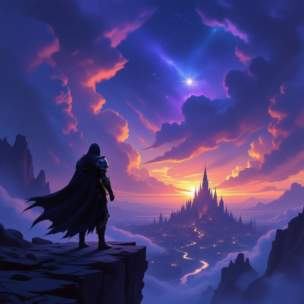 Lone Warrior on Precipice Overlooking Ruined City