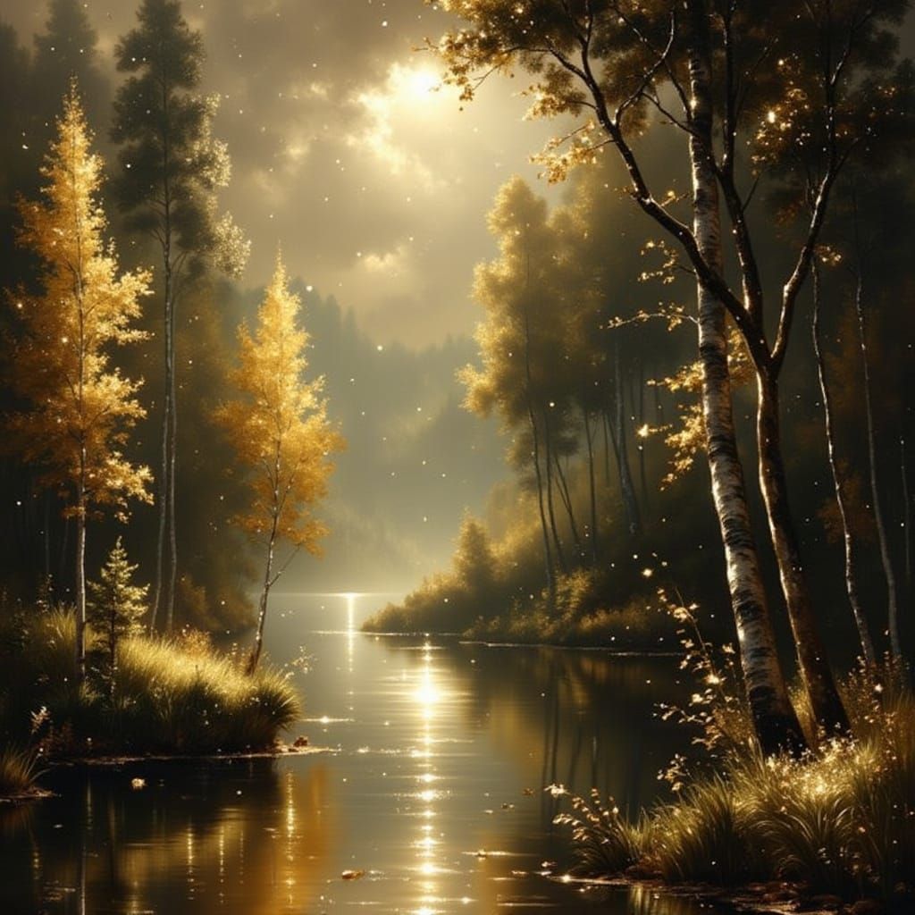 <lora:Exquisite Flux:1.0> Detailed lush landscape, painterly, glittering gold light