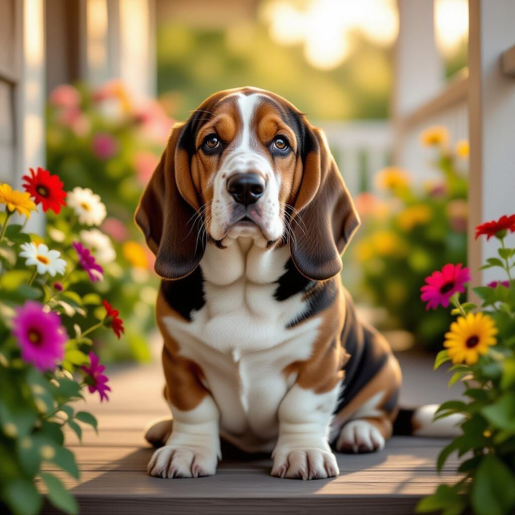 Adorable Basset Hound with long droopy ears and soulful eyes, sitting on a cozy porch with flowers all ...  by @MoonlitAura