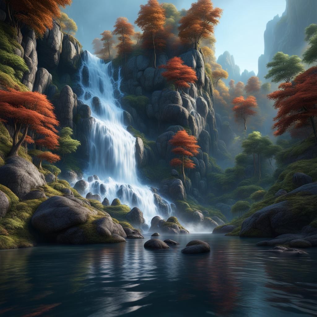 Water fall with rocks at the bottom and a forest look