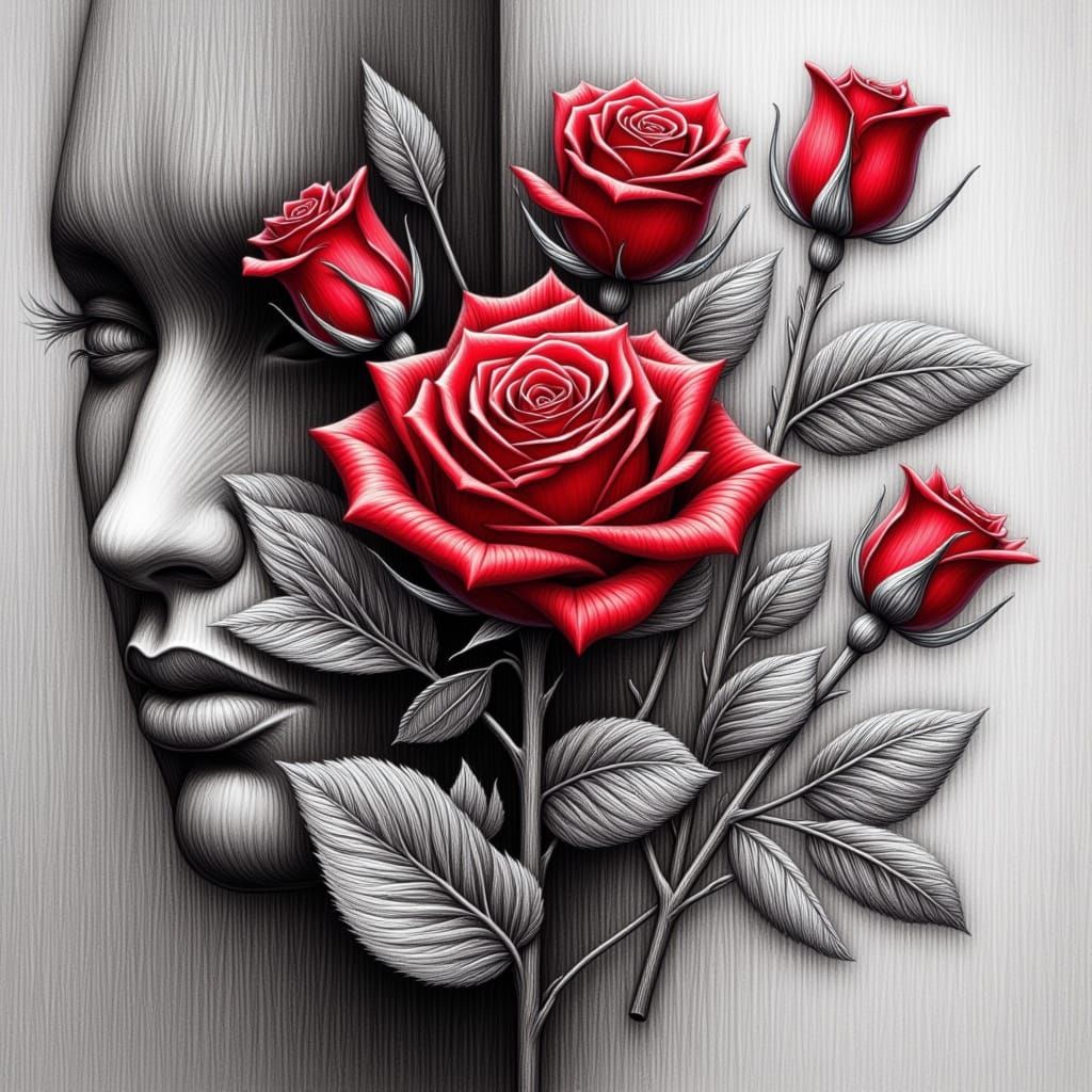 <lora:Red Roses:1.0> A Red Rose stand out  as emotions in against graphite grayscale  of forced  identity, she dances in freedom