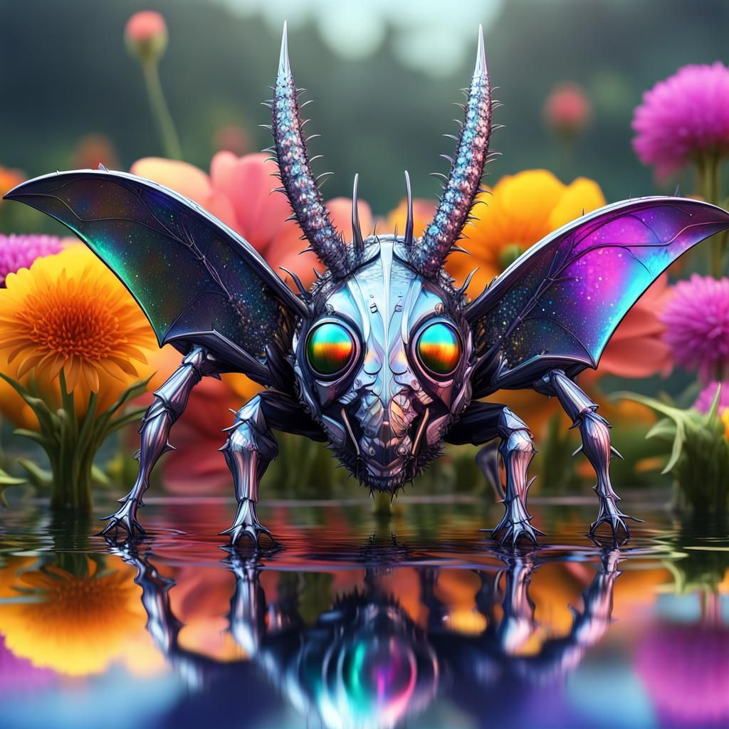 titanium wire body of an hybrid humanoid bat beetle with hor...