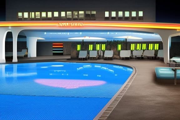 outdoor pool cyberpunk neon