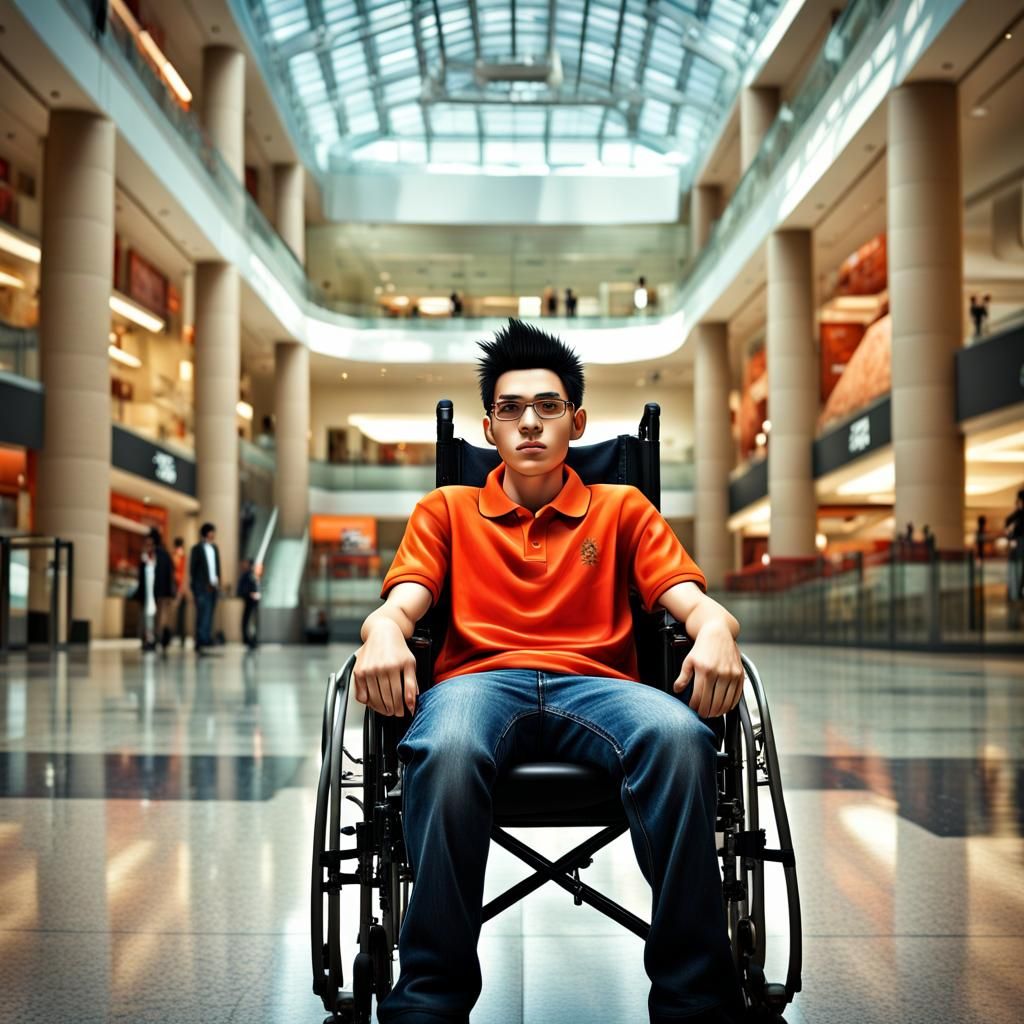 16-year-old character sitting in a wheelchair in the mall, full body, without glasses, spiky black hair and low goatee, ...
