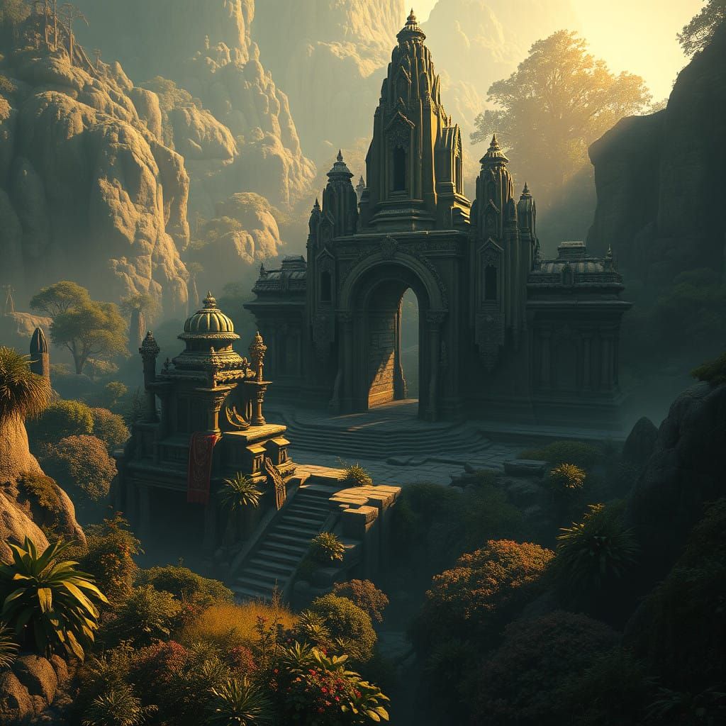 Ethereal Temple Ruins in a Golden Dreamlike Landscape