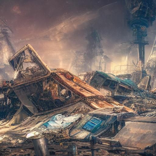 Space junk yard with a salvage ship ripping parts from derel...