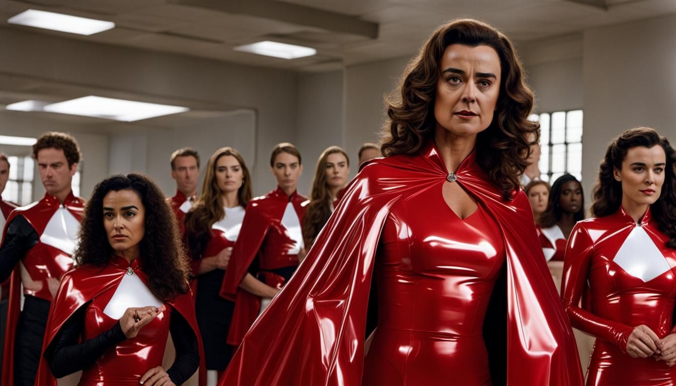 young Cote de Pablo dressed in  red reflective latex is a do...