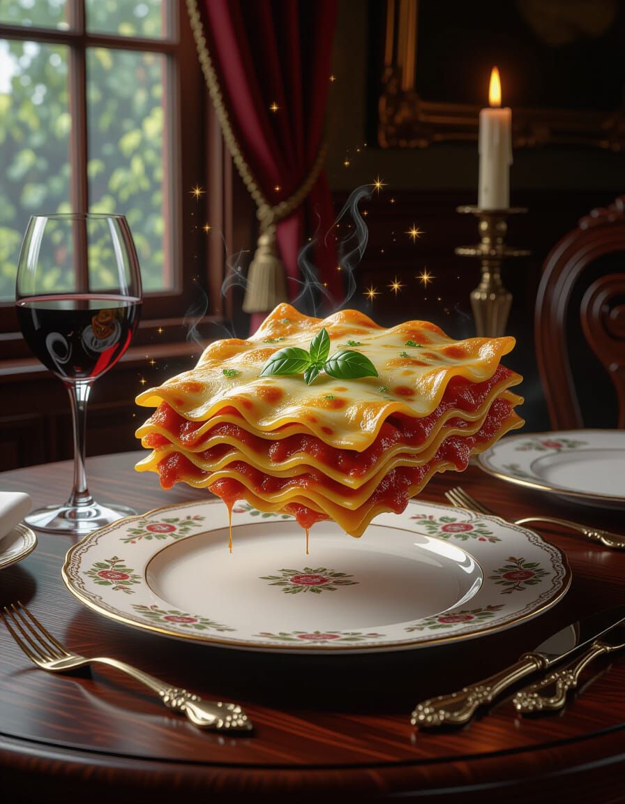 The Enchanted Lasagna Feast: A Spellbound Fusion Dish Served with Levitation Magic Over a Twilight Dining Table