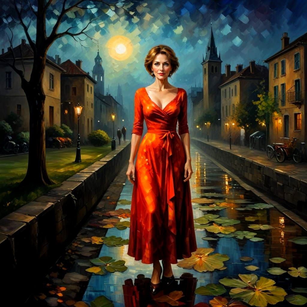 Elegant Twilight Lady in Cityscape Oil Painting