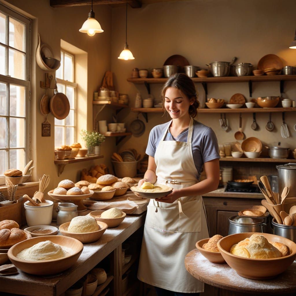 Surreal Oil Painting of Baker in Cozy Bakery at Golden Hour