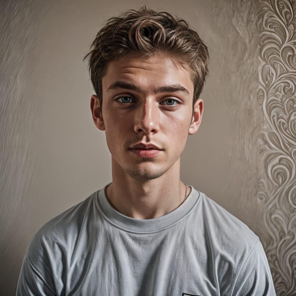 Portrait slim handsome 22 year old British chav lad guy in bedroom, intricate hyperdetailed photorealistic hyperrealism painting