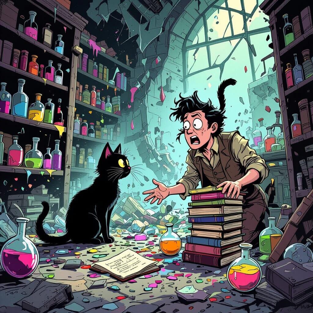 The owner of a burglarized potion shop sees the magical cat who broke everything inside
