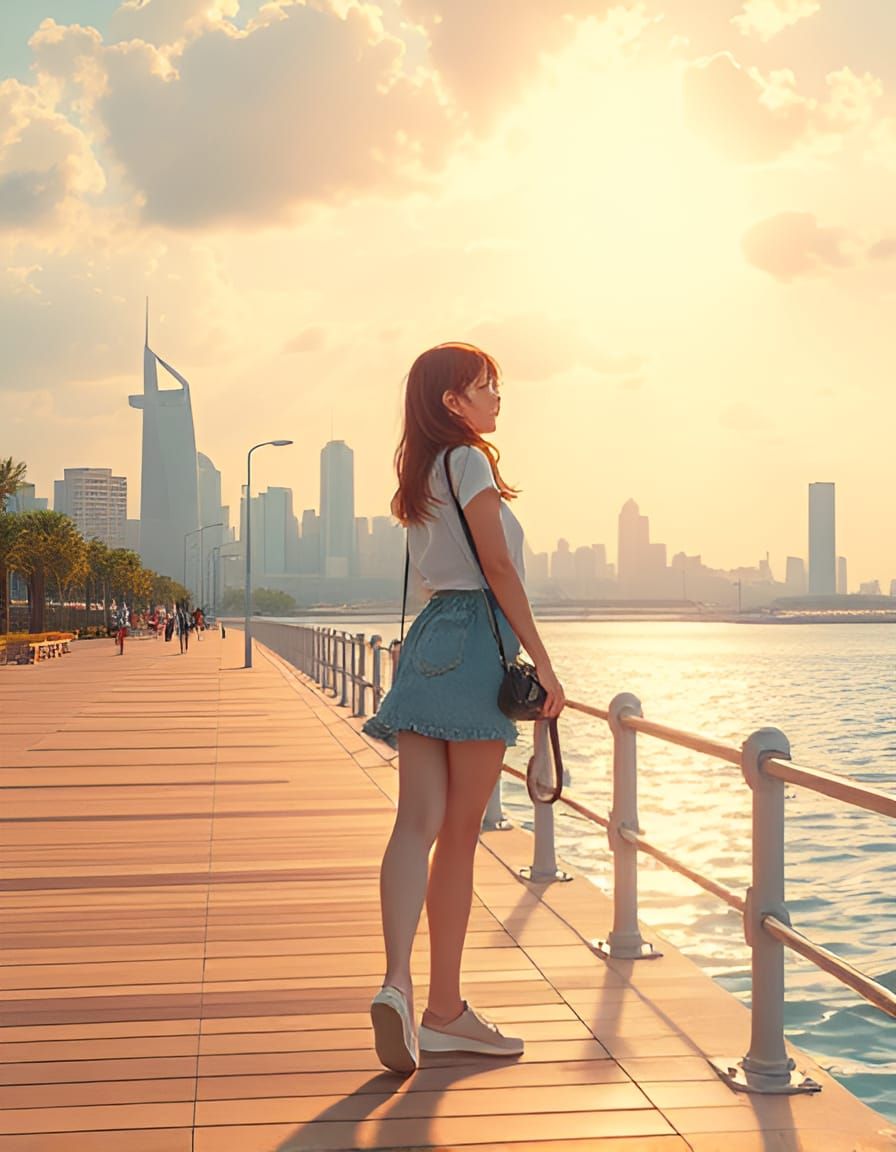 A woman stands on a sunlit...