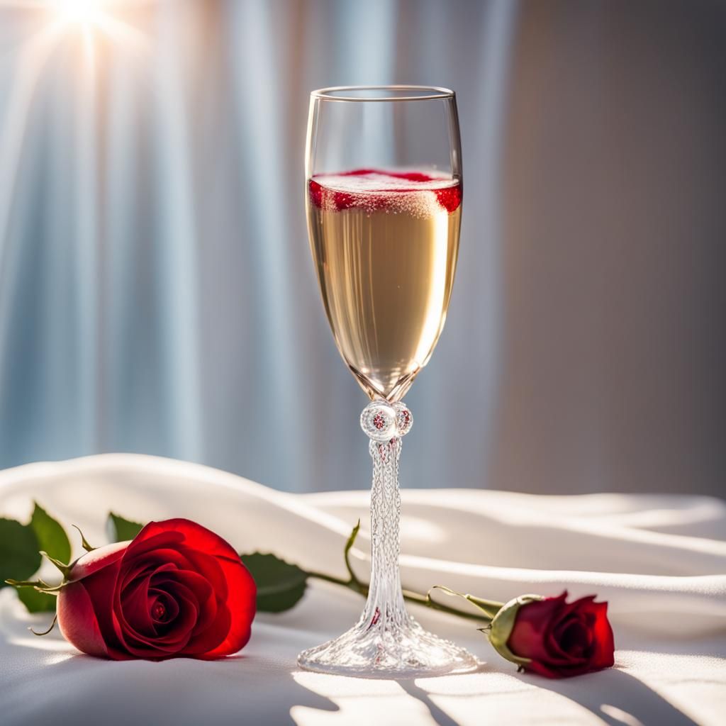 red rose  on a white tablecloth  in a  cristal  champagne fl...