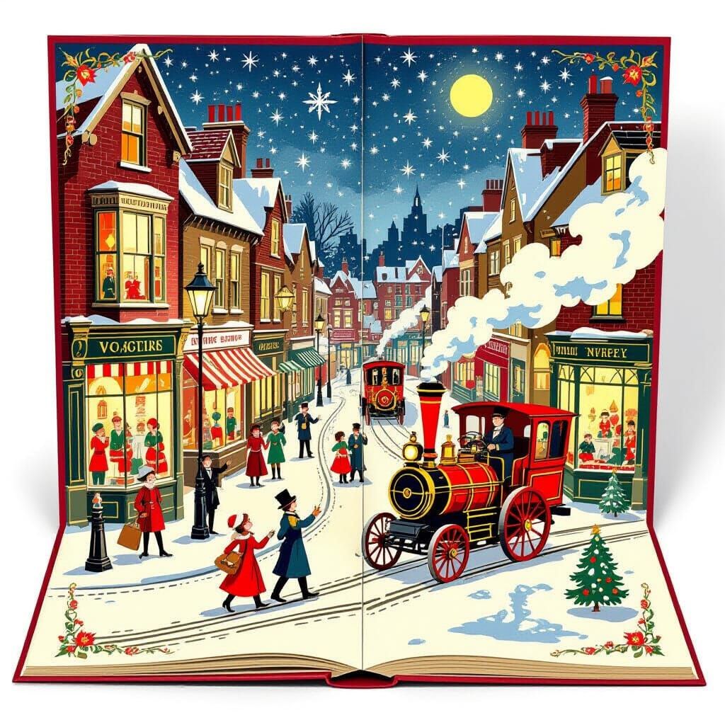 Un livre pop-up vintage représentant une scène de rue victorienne animée à Noël, avec des automates en papier et des véhicules à vapeur