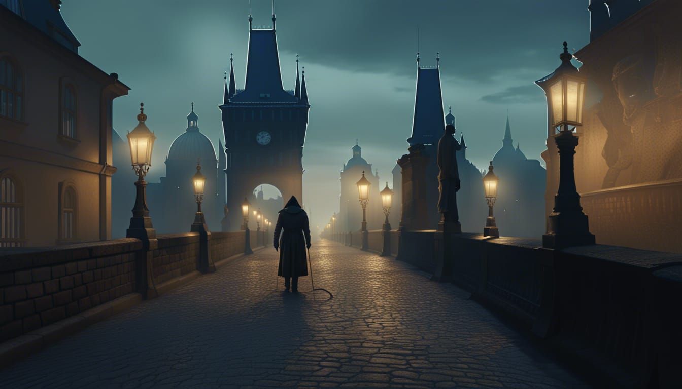 charles bridge, atmospheric, epic, in the style of Beksinski...