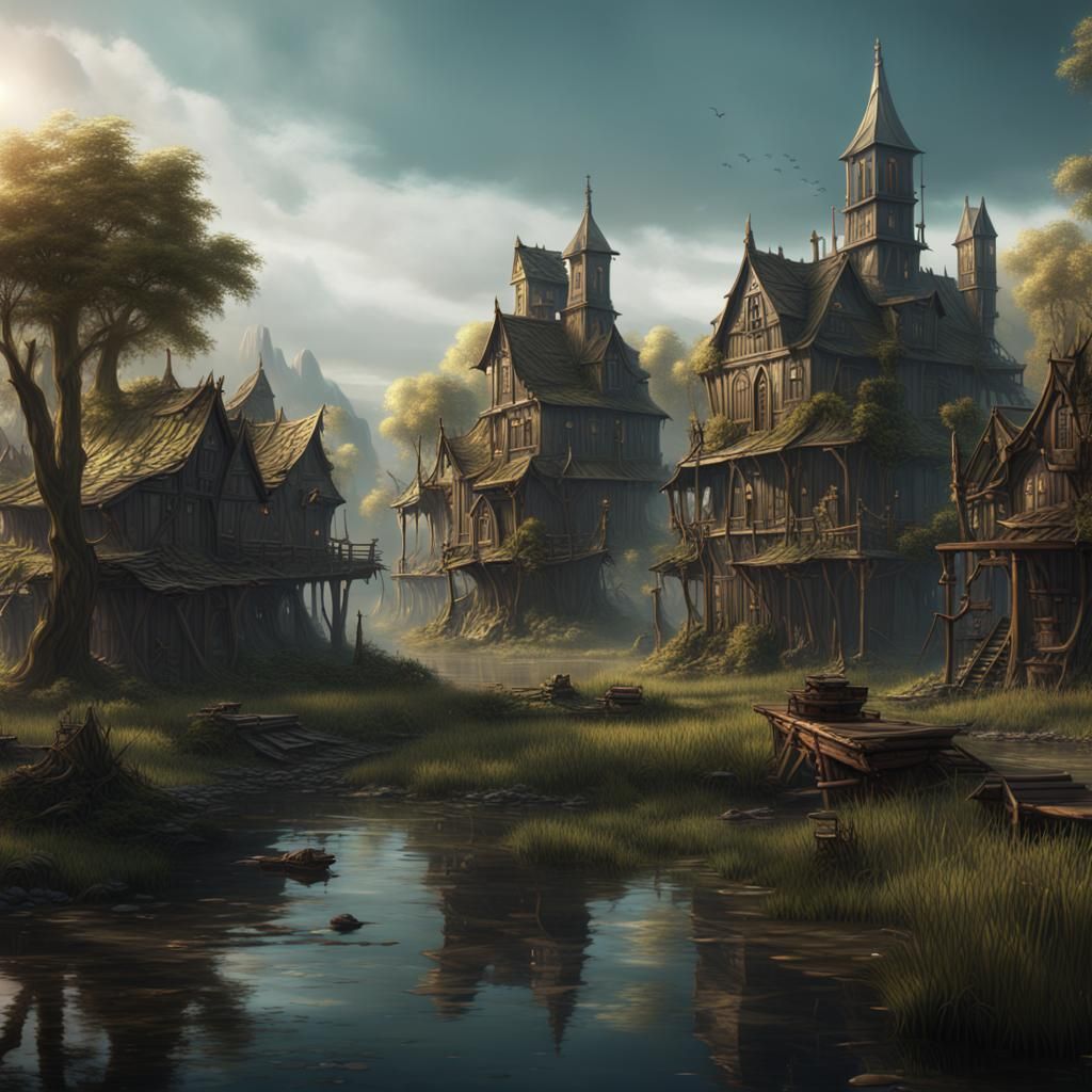 A swamp town in fantasy AI Generated Artwork NightCafe Creator