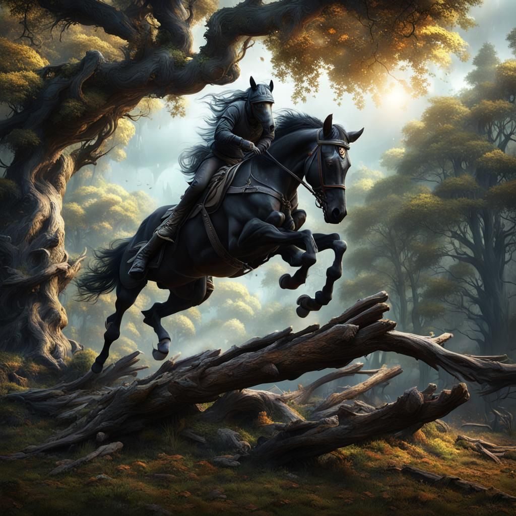 Nice black horse jumps over broken tree in de forest  roks