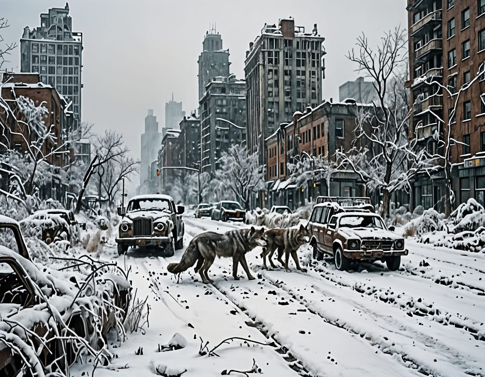Haunting Post-Apocalyptic Cityscape, Wolves Roam Frozen Stre...