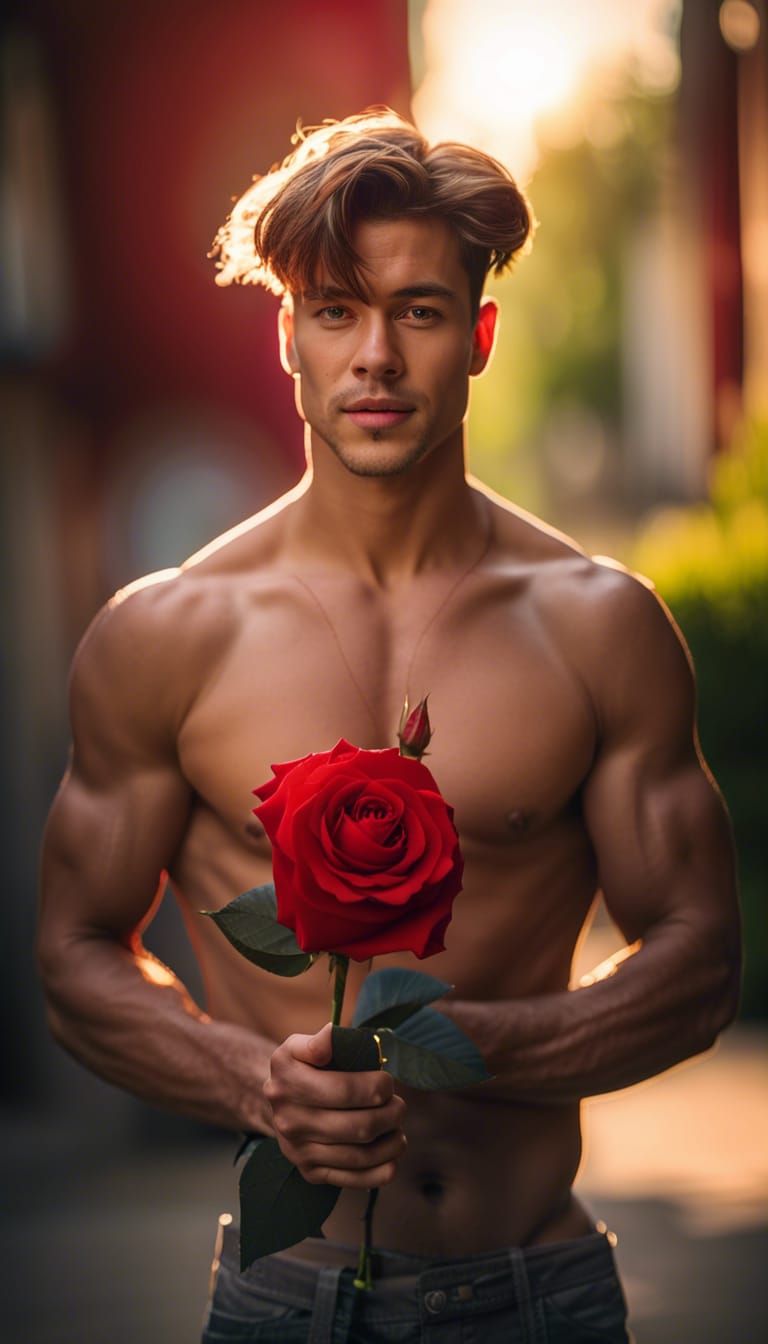 Shirtless muscular young man holding a red rose on the sunny...