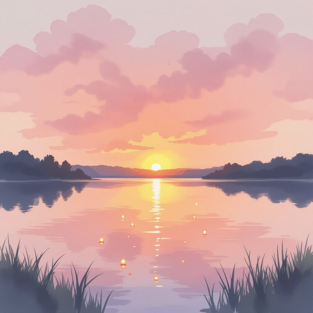 Serene Watercolor Sunset Over Still Lake
