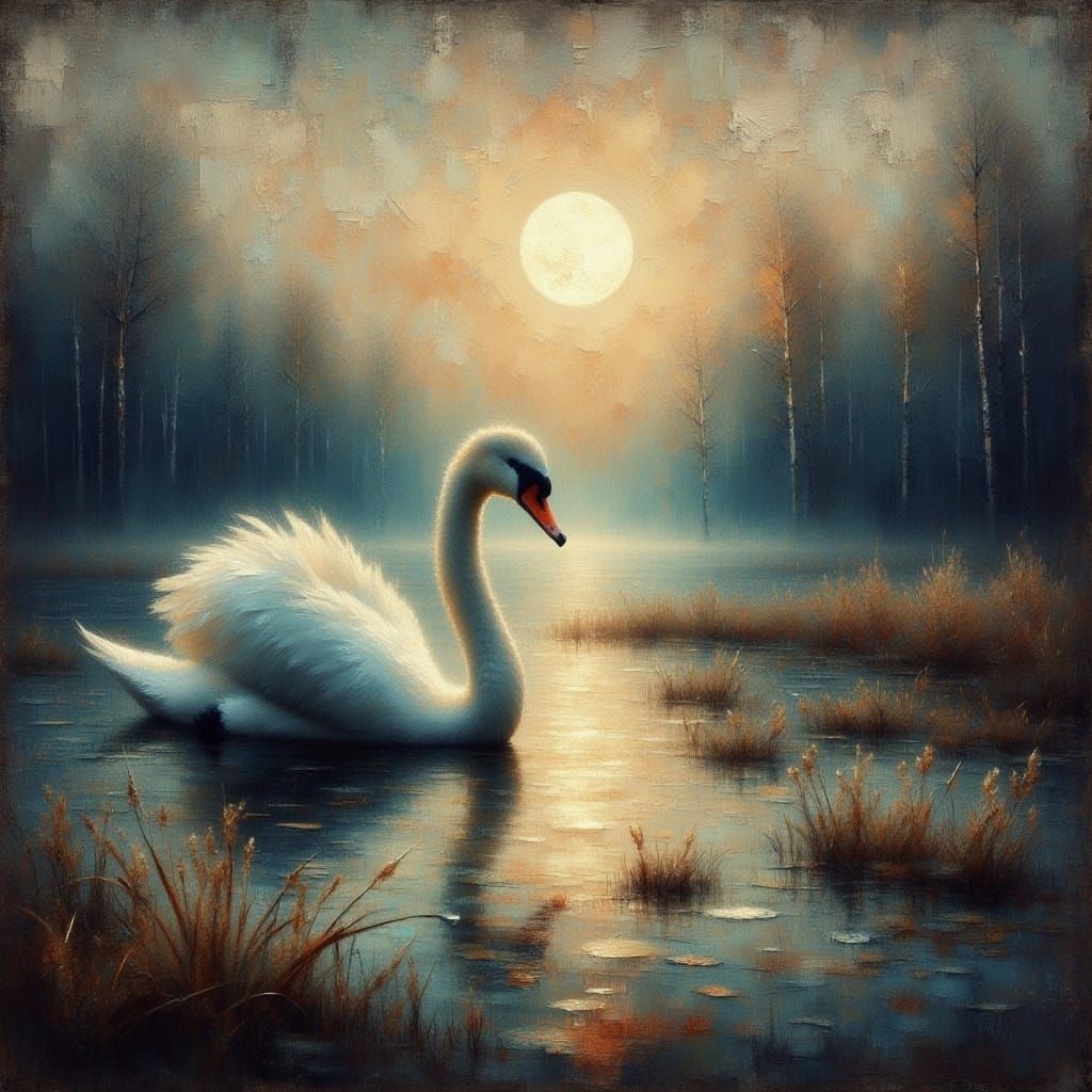 <lora:Grungy Impasto:1.0> beautiful stunning swan on a misty hazy bay in fall moody full moon grungy textured gritty acrylic oil Impasto Imp...