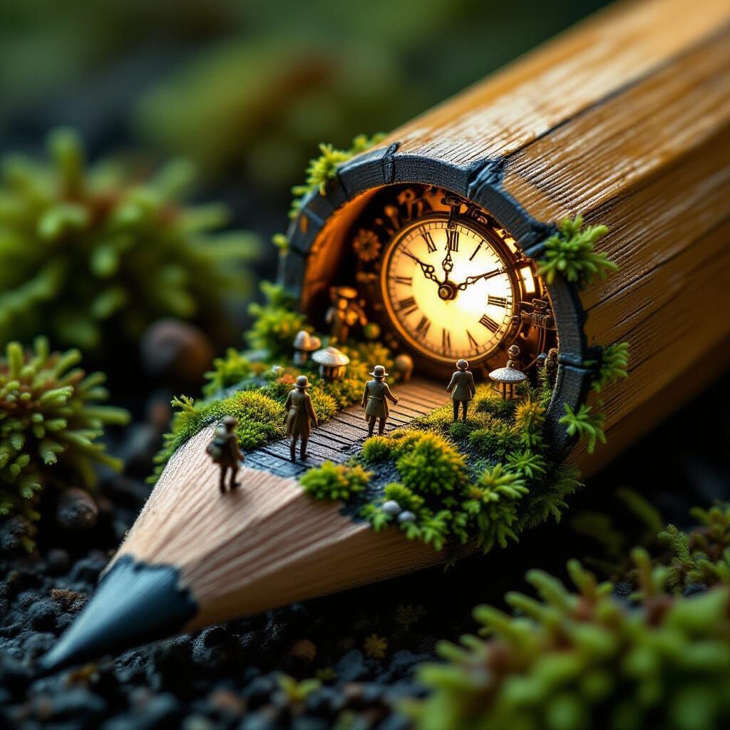 A miniature world existing within the hollowed-out core of a giant, antique pencil. Tiny, intricate clockwork ...  by @Feebleeona
