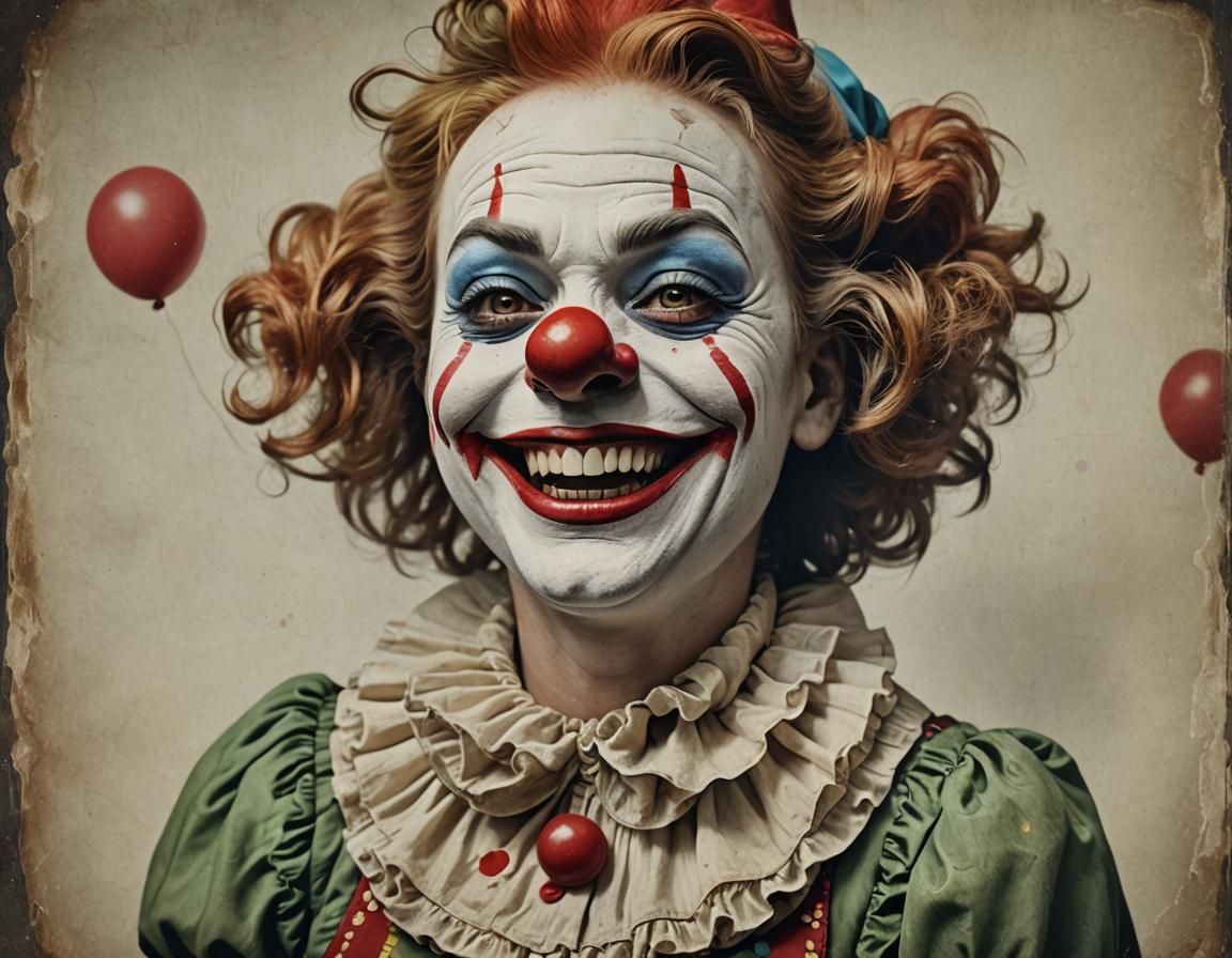 realistic female clown smiling at camera showing her bust