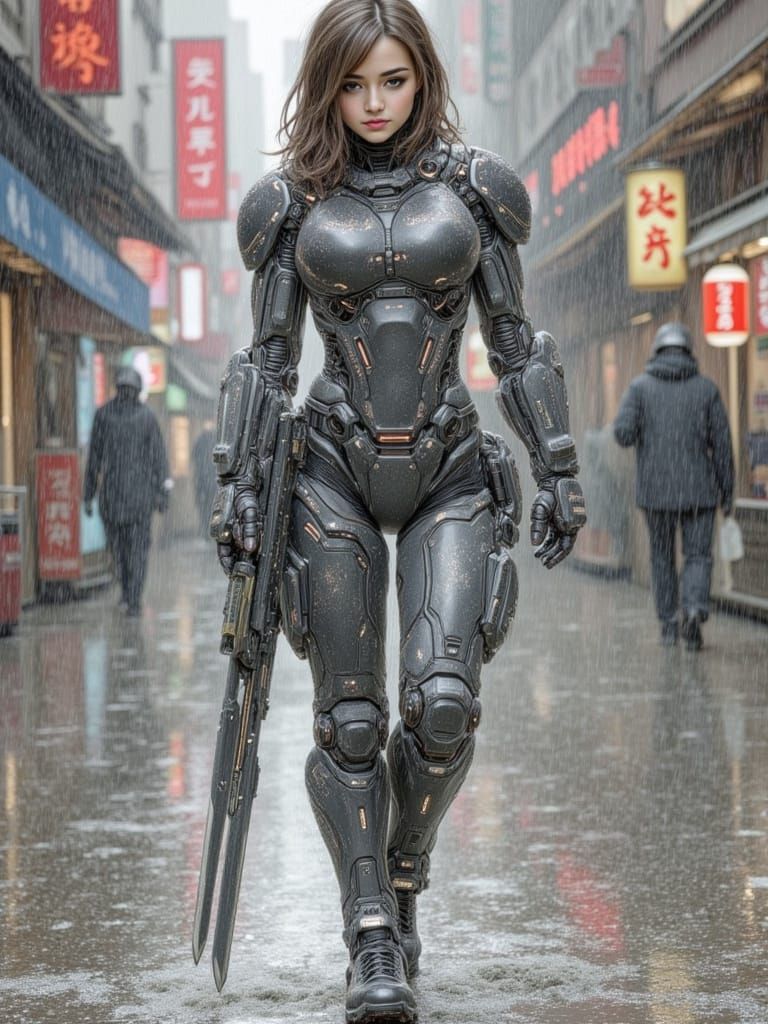 <lora:Cyberlleon Girls:1.0> Cyberpunk street samurai girl, ink wash painting style (sumi-e), dynamic brushstrokes, minimal color, wearing a ...