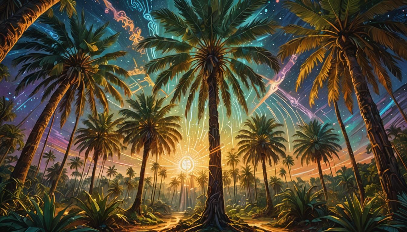 Massive, ancient palm trees with glowing runes etched into their bark, standing like magical guardians ...  by @daranee Sae-Tang