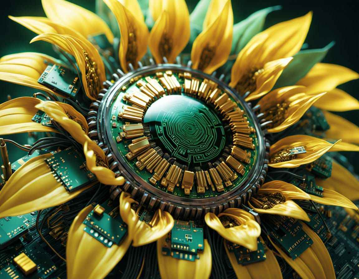 Things Made of Code. A majestic sunflower, its petals formed from shimmering green circuit boards and its center a pulsating sphere of binar...