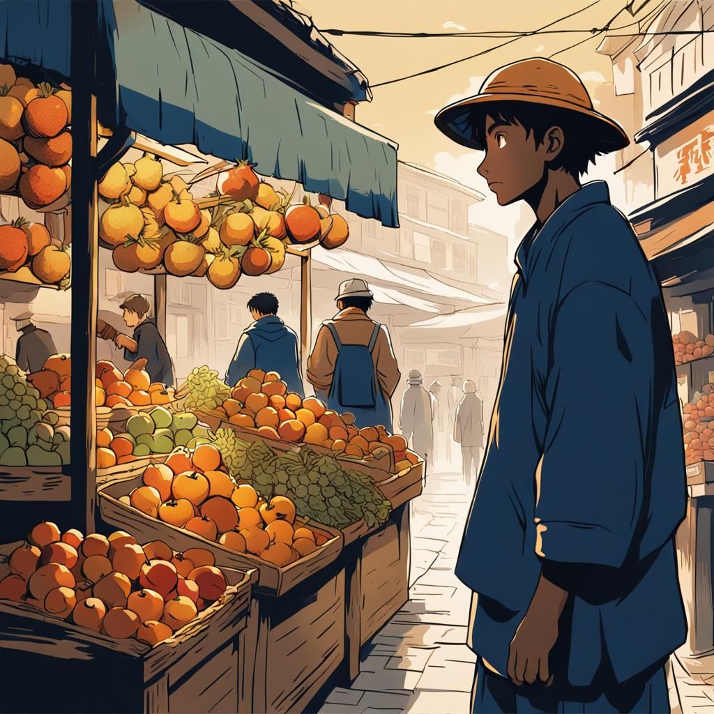 An oak tree stands behind a fruit seller in a vibrant market AI
