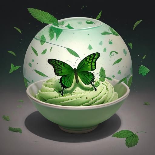 Matcha mint ice cream in a bowl with green butterflies.