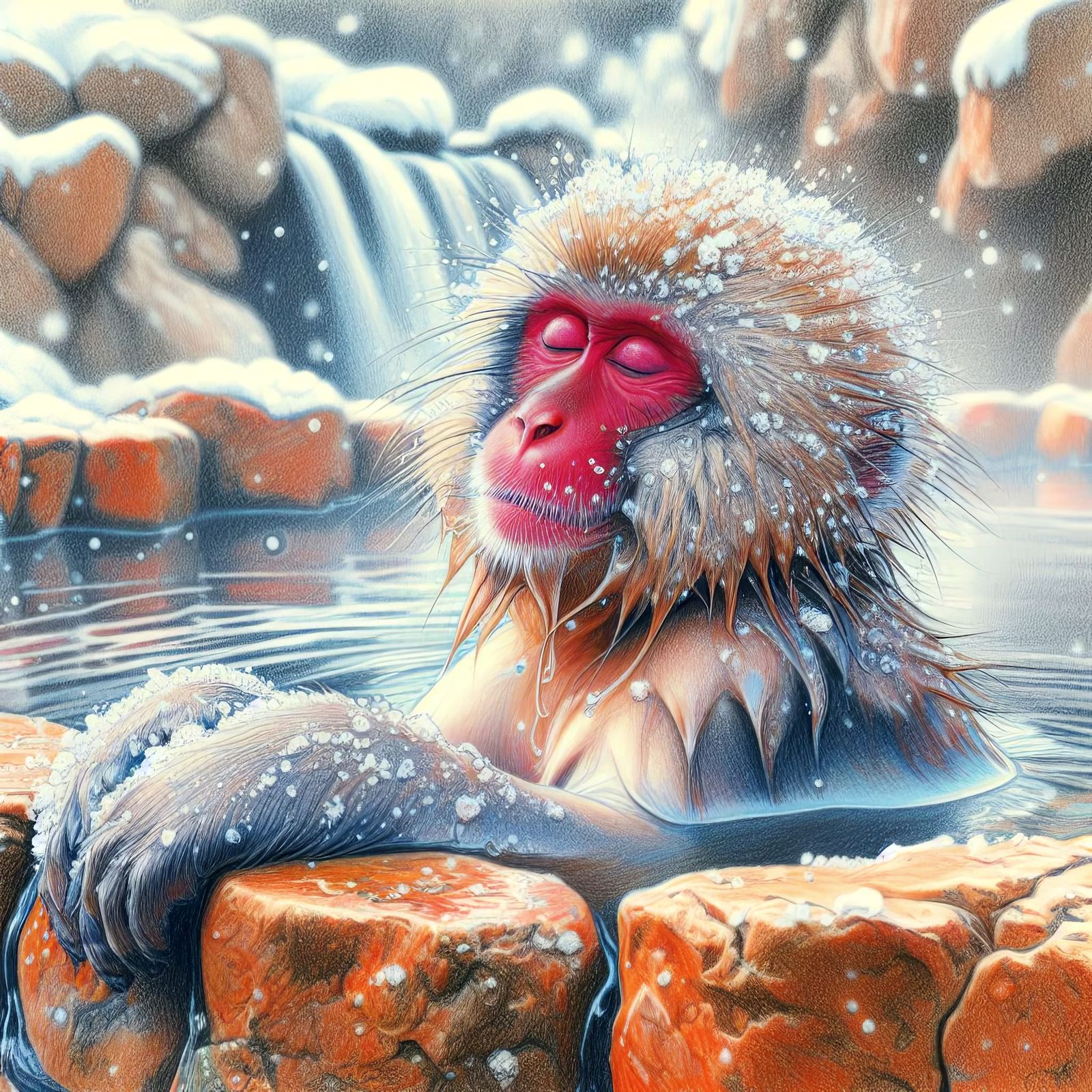 Snow monkey takes a bath.