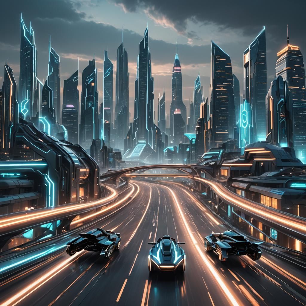 tron style light cycle, futuristic glass city skyline in the...