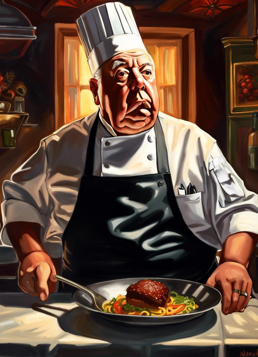 Oil painting portrait of Alfred Hitchcock as a chef in the r...