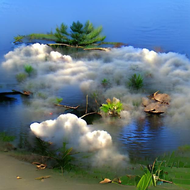 clouds of mist at the pond shore
