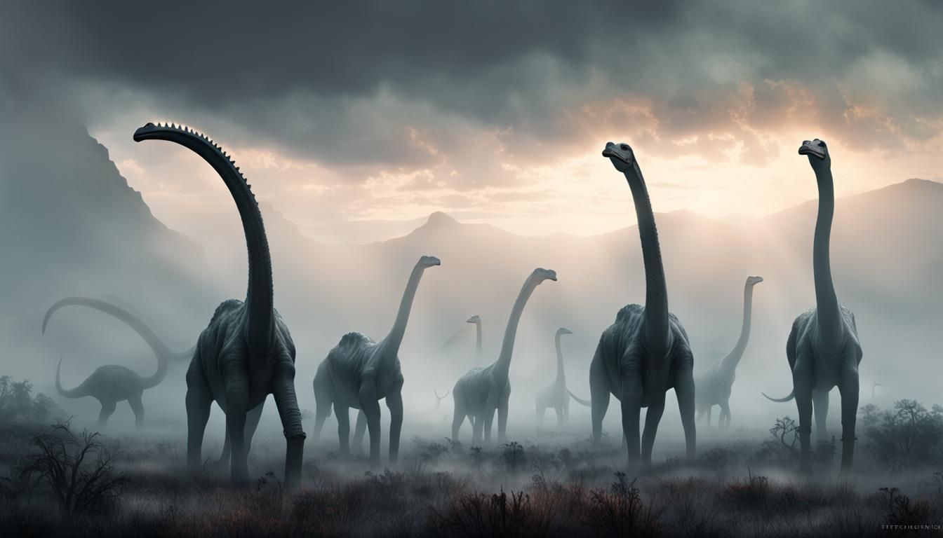 "Brachiosaurs In The Mist. Herd" Foggy. Hyper Reaistic  by @Fredster