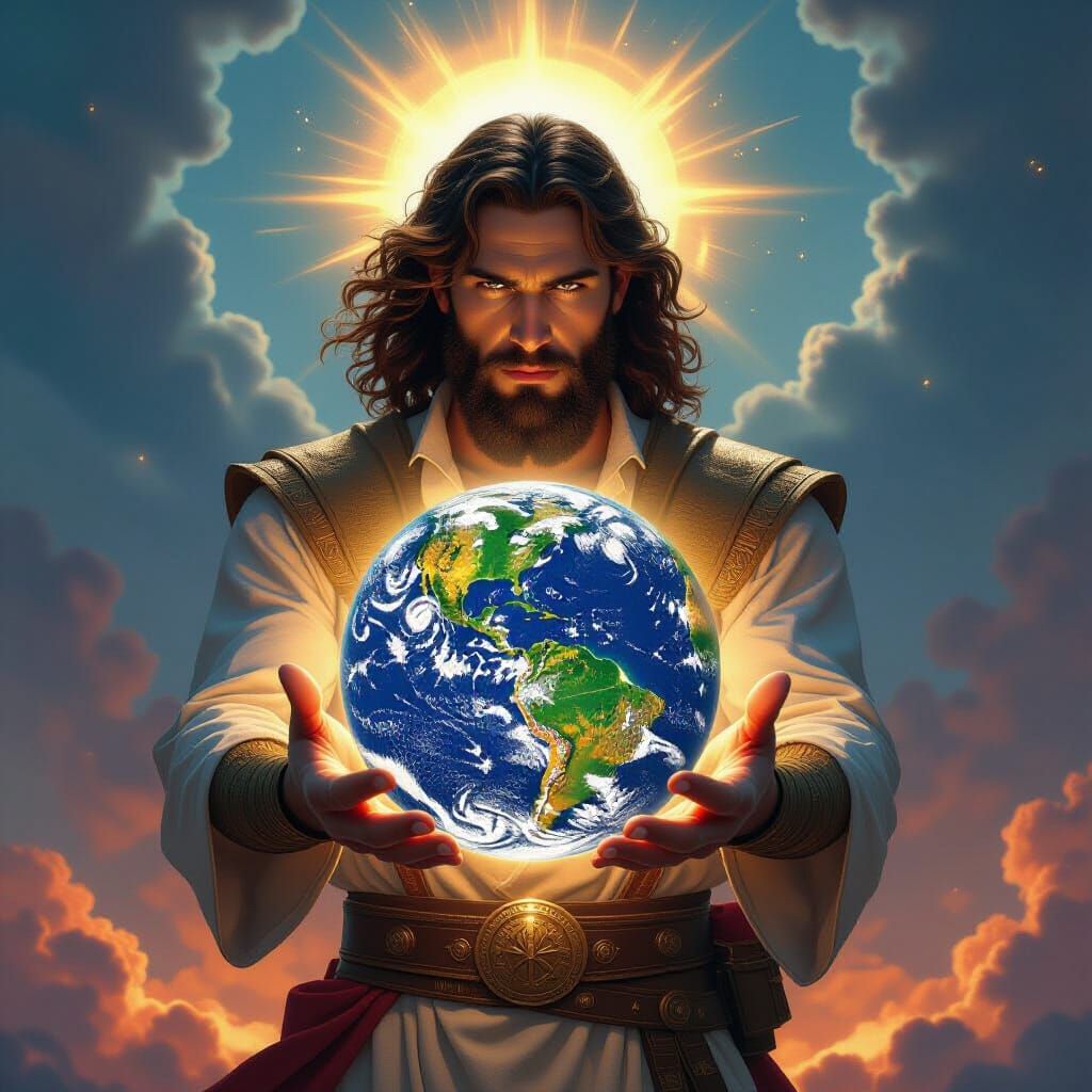 Righteous Hero Holds Earth With Handle, Divine Light