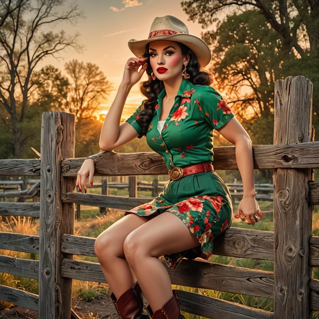 50's vintage Pinup girlin a cowboy hat leaning forward with elbows on a split rail fence