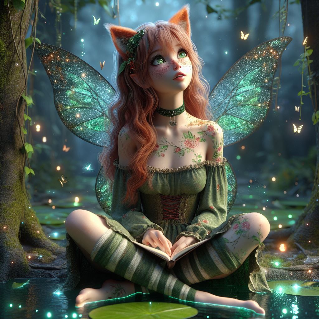 Cute catgirl fairy reading in a magical forest