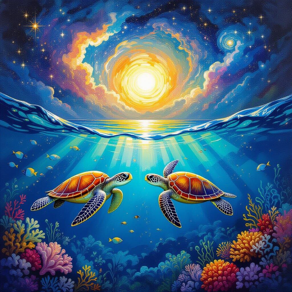 Sunlit Turtles Amidst Cosmic Starry Night